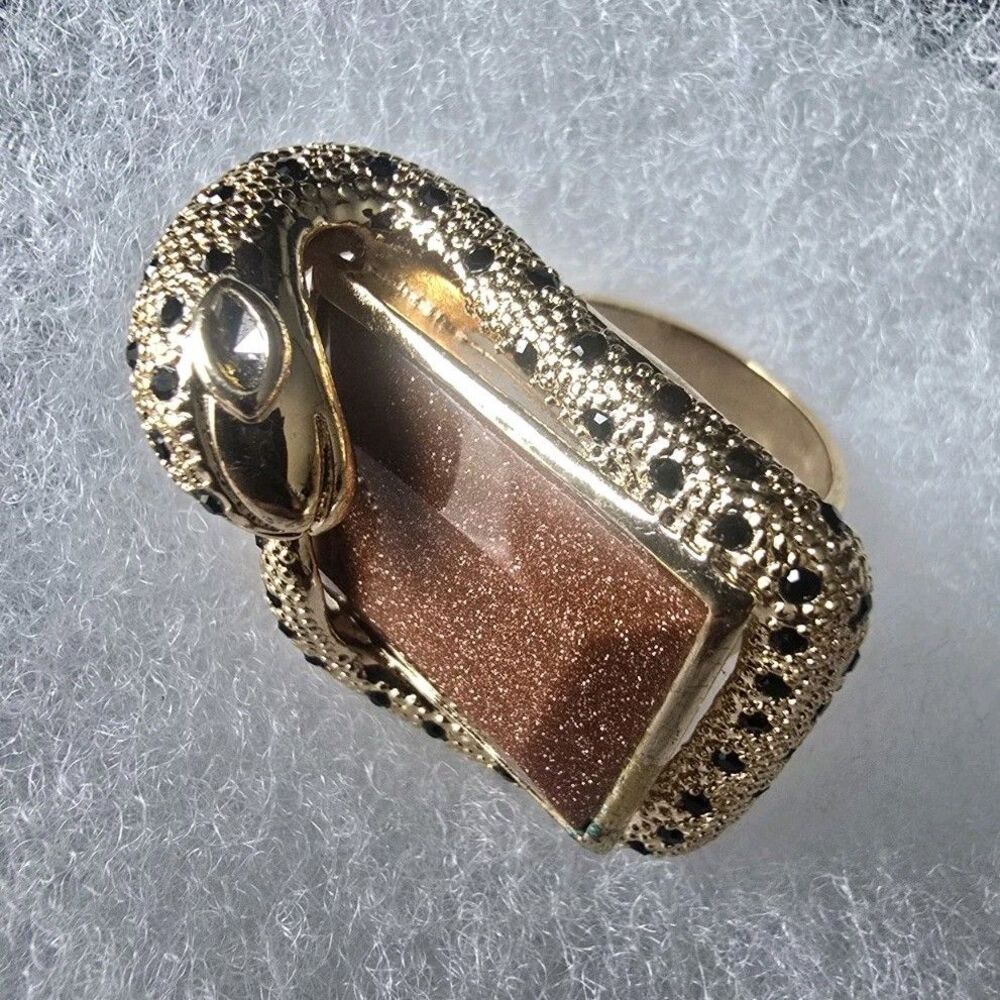 Gold Tone Snake Statement Ring with Goldstone Brown Stone & Black Crystals